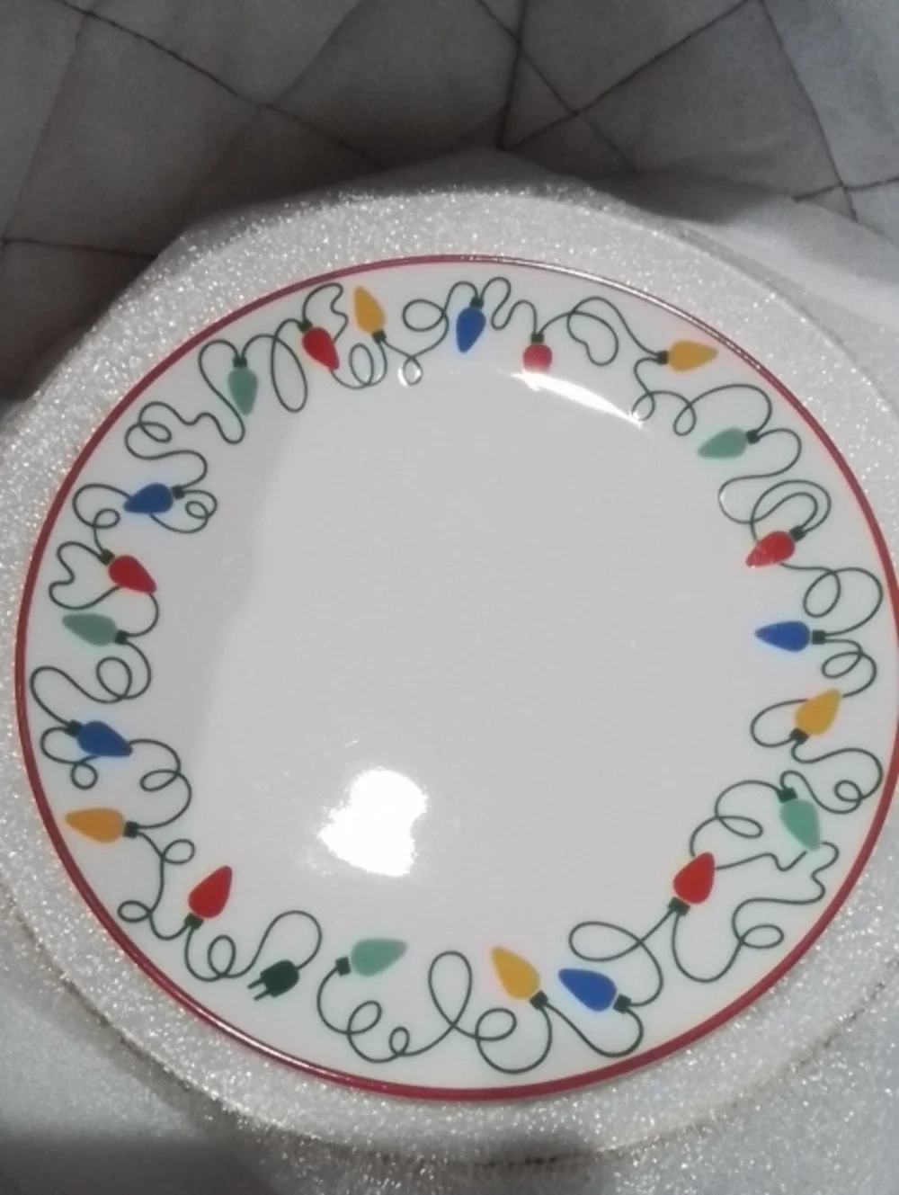 Avon Holiday String Lights Dessert Plate - White with Red, Green, Blue, Yellow